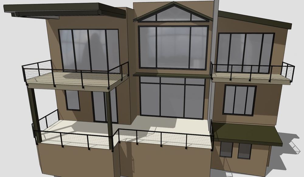 3D model of the home exterior showing cable deck railing layout across multiple levels